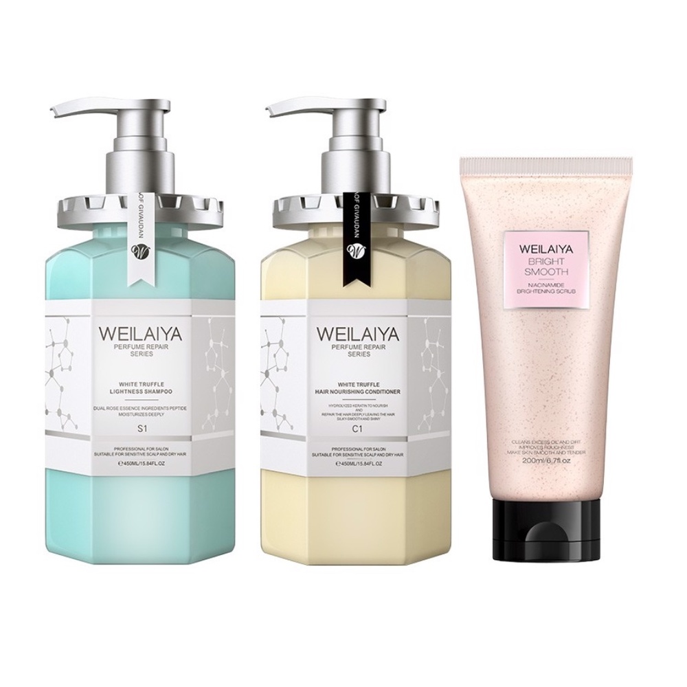 New Combo Weilaiya Truffle Shamp+Cond 450mL ea+Niacinamine Body Scrub 200mL